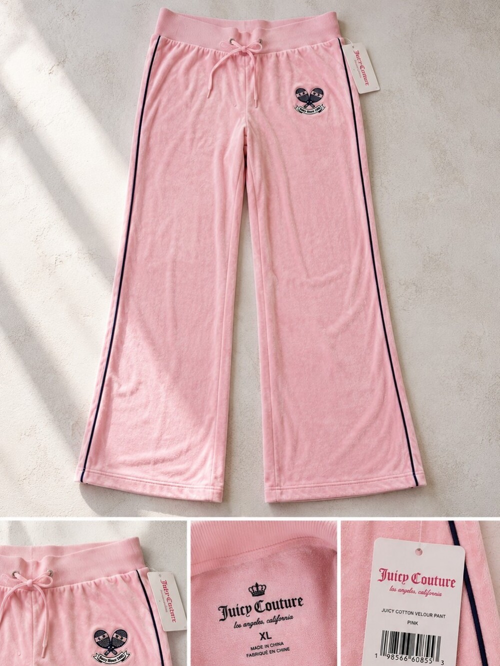 Juicy Couture - Woman's Pink Velour Wide-Leg Pants with Navy Trim